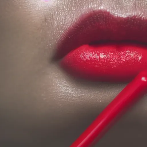 Prompt: Close-up photo of a woman's lips sucking on a bright red cherry lollipop, rule of thirds, depth of field, realistic, 8k 64 megapixel