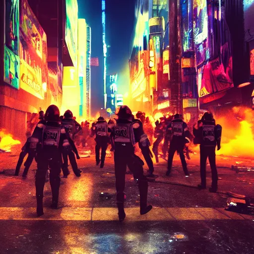 Image similar to photograph of a riot in a cyberpunk city street, first person view