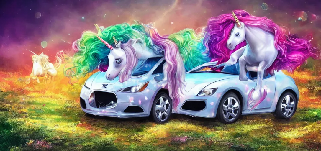 Image similar to a unicorn with a car on its head