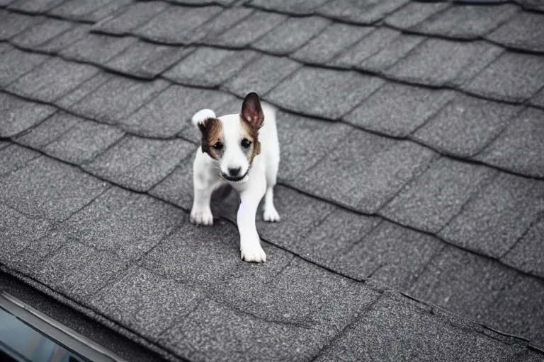 Prompt: a dramatic photo of a puppy standing at the edge of a roof