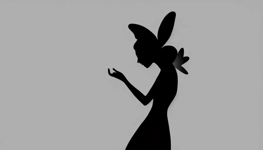 Image similar to flat black vector silhouette of a fairy, pure white background, 4 k resolution