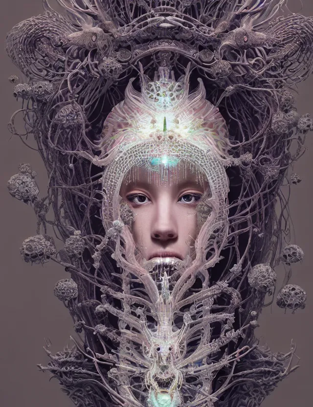 Prompt: symmetrical, centered, goddess close-up portrait wigh crown made of skulls. betta fish, phoenix, bioluminiscent creature, super intricate ornaments artwork by Tooth Wu and wlop and beeple and greg rutkowski