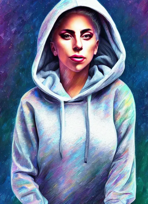 Image similar to lady gaga,, gray hoodie, jeans, tiara, half body shot, path traced, highly detailed, high quality, digital painting, alena aenami, leonid afremov, lilia alvarado, shinji aramaki, karol bak, alphonse mucha, tom bagshaw