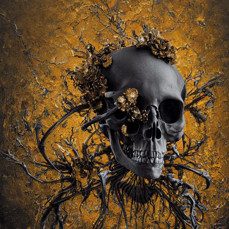 Image similar to A beautiful oil painting hyperrealism of a decayed black skeleton head, rotting black clay skin, bones, close up, gold flowers, gold floral headdress, 8k resolution, octane render, Trending on artstation, by Gediminas Pranckevicius, volumetric light 2blue fractal Thunder glow by dan mumford, anaglyph effect, Laurie Lipton