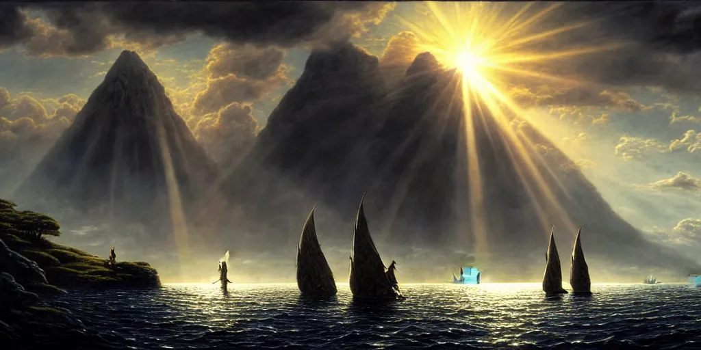 Image similar to three hobbits out at a lord of the rings scenery landscape, staring across the sea at a white timber sail boat leaving harbour, evening, god's rays highly detailed, vivid colour, soft clouds, full moon, cinematic lighting, perfect composition, gustave dore, derek zabrocki, greg rutkowski, belsinski