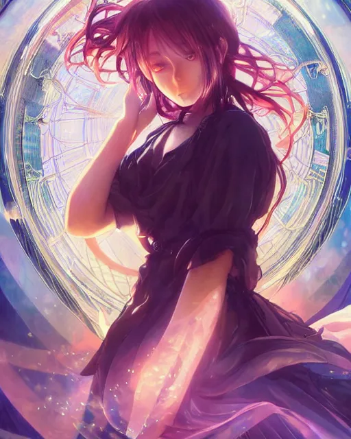 Image similar to illustration of an anime girl entranced bewitched mesmerized hypnotized mind controlled, spirals in eyes, by artgerm and wlop and greg rutkowski and alphonse mucha, digital art, extreme detail, realistic lighting, cinematic composition, concept art, sharp focus, colorful, photorealistic, 8 k