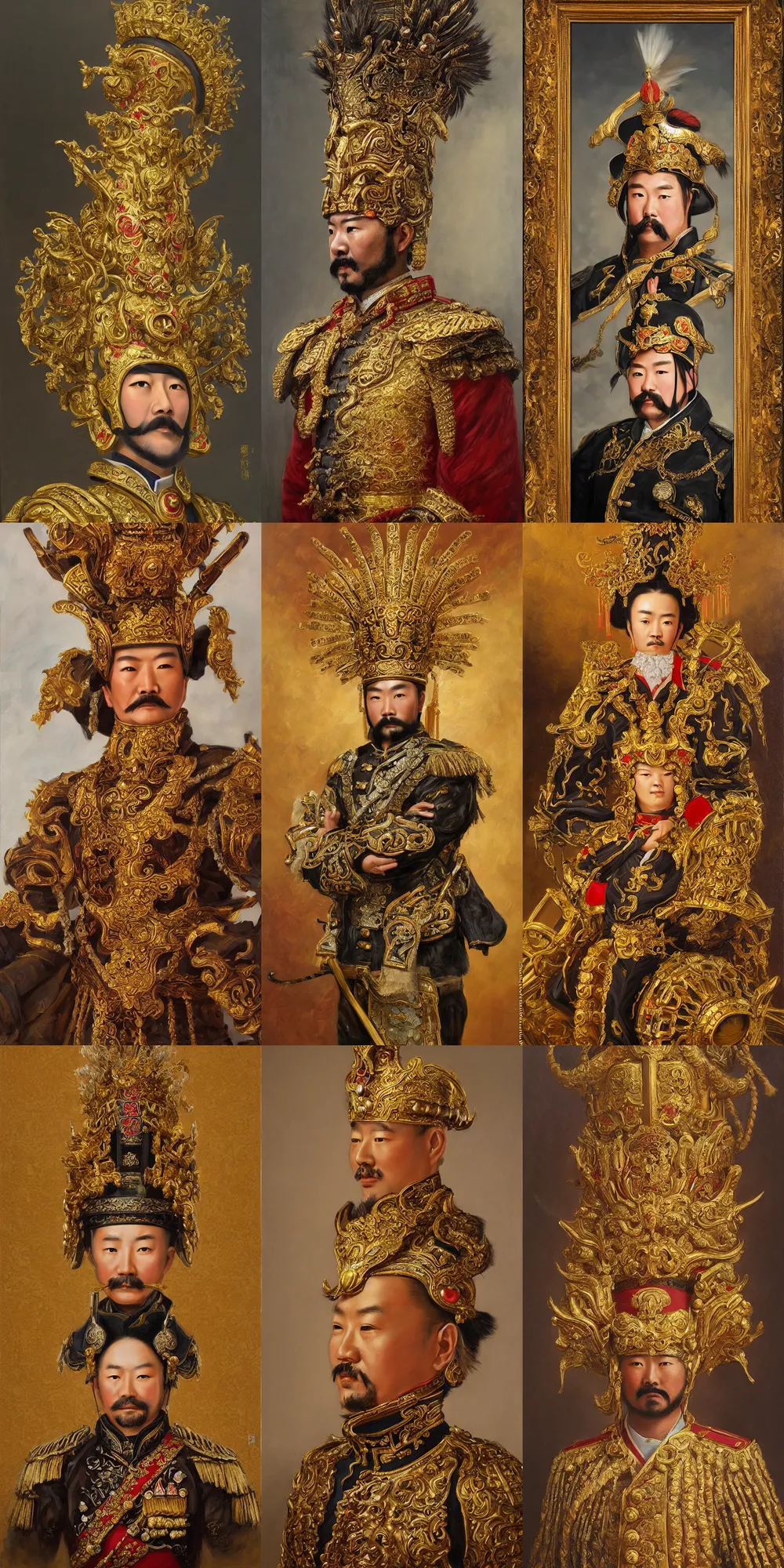 Image similar to a highly detailed romantic period style oil painting of the Chinese military general Lü Bu wearing an ornate golden headdress by Josep Tapiró Baró, trending on artstation, masterpiece, symmetry