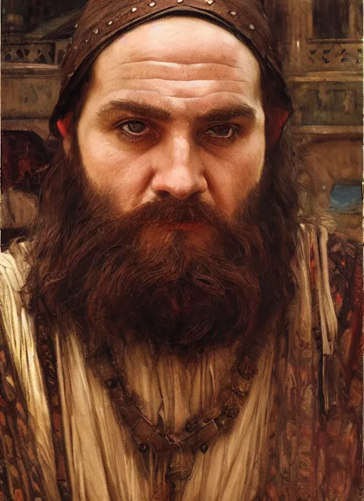 Image similar to gimli. orientalist portrait by john william waterhouse and james gurney and theodore ralli and nasreddine dinet, oil on canvas. cinematic, hyper realism, realistic proportions, dramatic lighting, high detail 4 k