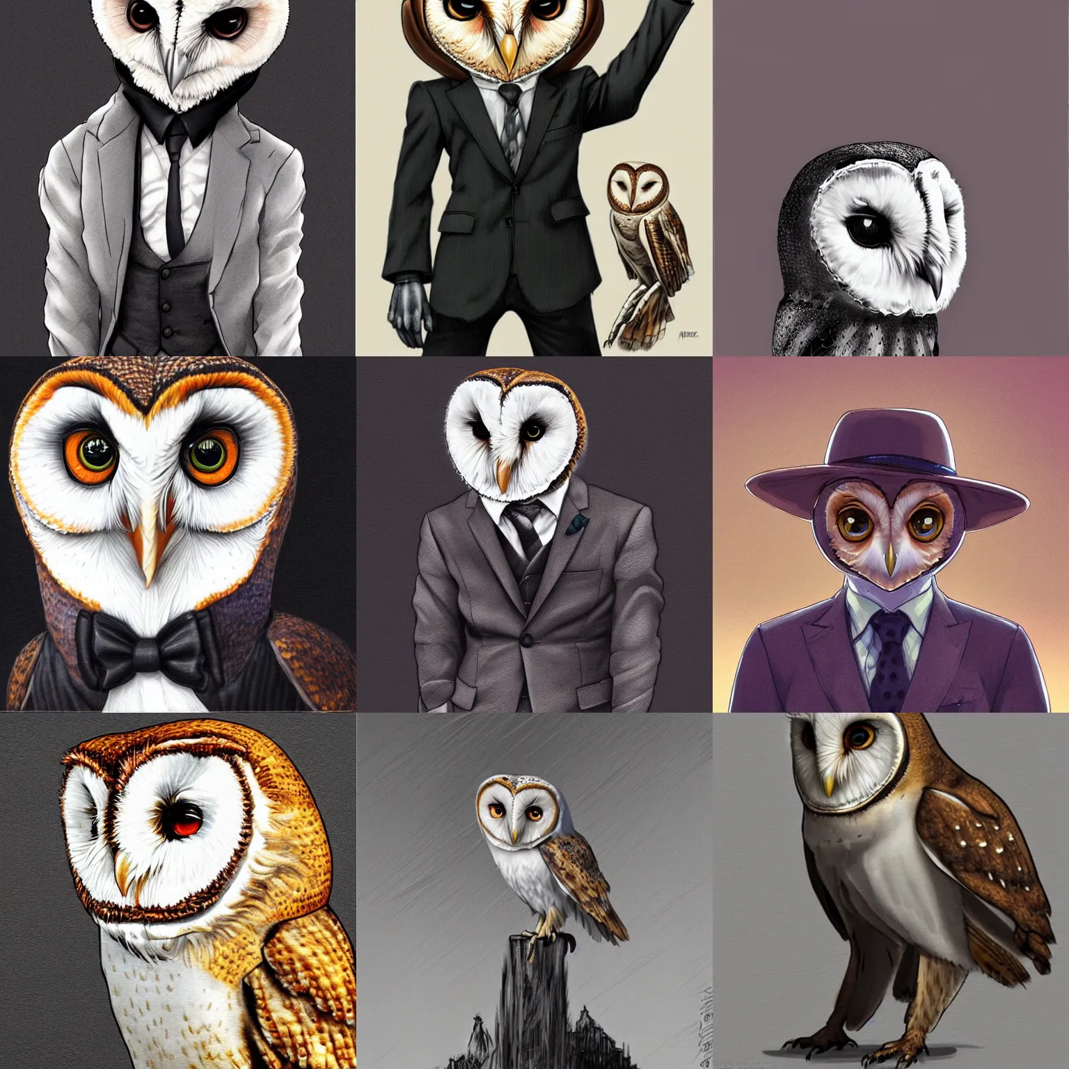 Prompt: portrait of a chibi barn owl in a suit by yusuke murata and masakazu katsura, artstation, highly - detailed, cgsociety, artstation, pencil and ink, fighting pose, barn owl face, city in the background, dark colors, detailed face