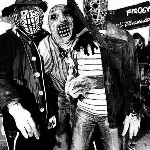 Prompt: Freddy Kruger and Jason voorhees together having fun at a carnival, campy photo