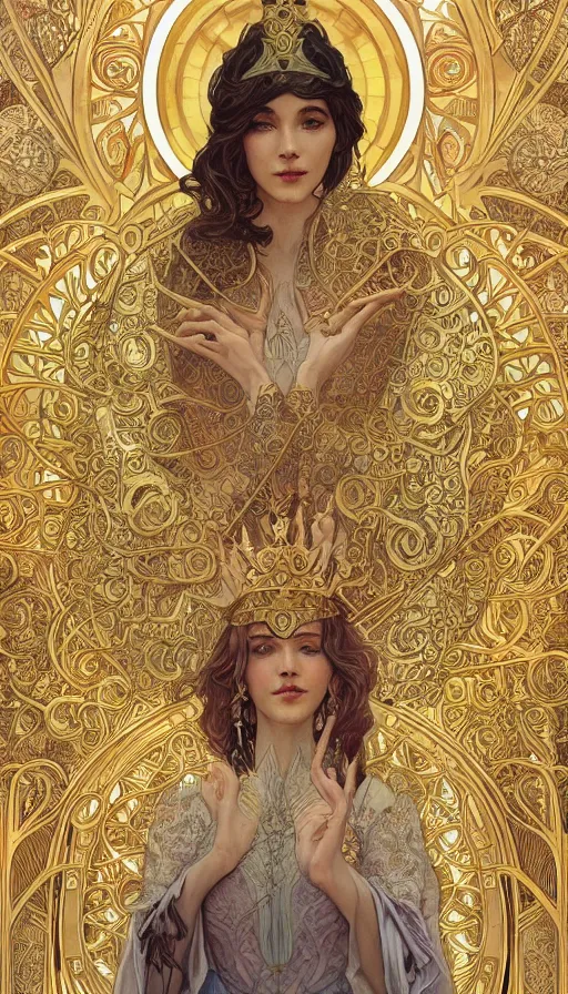 Image similar to a queen, highly detailed, very intricate, art nouveau, gold filigree, left right symmetry, tarot concept art watercolor illustration by mandy jurgens and alphonse mucha and alena aenami, featured on artstation