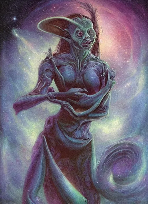 Image similar to portrait of female space goblin, night sky background, beautiful! coherent! by brom, by brian froud, deep color, strong line, high contrast