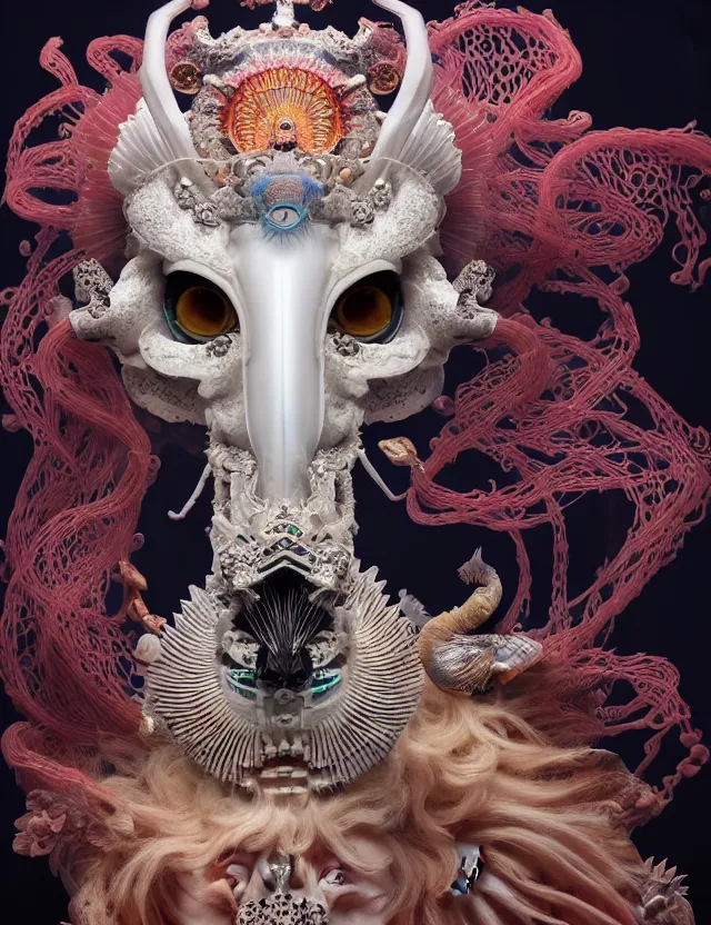 Image similar to goddess macro close - up portrait with crown, ram skull. beautiful intricately detailed japanese crow kitsune mask and clasical japanese kimono. betta fish, jellyfish phoenix, bioluminescent, plasma, ice, water, wind, creature, artwork by tooth wu and wlop and beeple and greg rutkowski