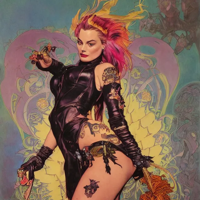 Image similar to an aesthetic!, a detailed portrait of margot robbie dressed as a leather - bound, tattooed, punk - rock princess with a flaming mohawk, by frank frazetta and alphonse mucha, oil on canvas, bright colors, art nouveau, epic composition, dungeons & dragons, fantasy art, concept art, god rays, ray tracing, crisp contour lines, huhd - 8 k