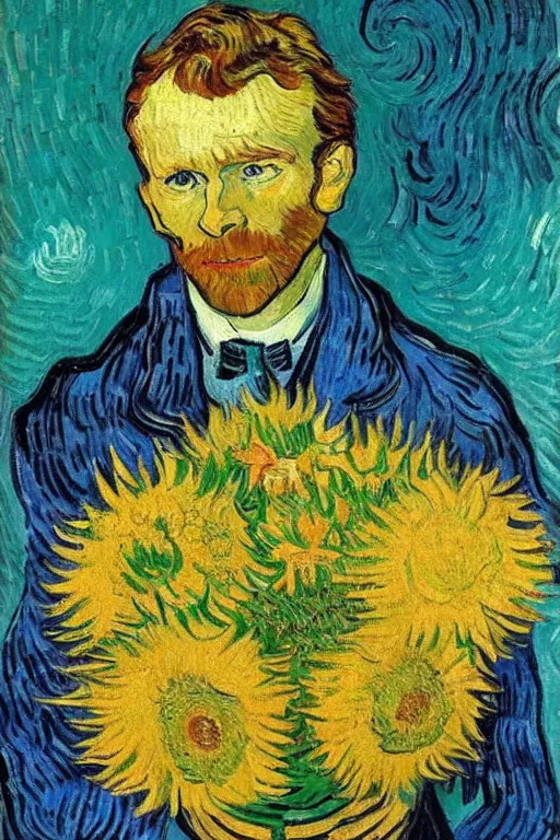 Prompt: emmanuel macron holding flowers, van gogh