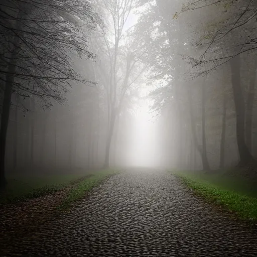 Prompt: beautiful small down, cobblestone roads, low light, end of day, trees, forest in the distance, light mist