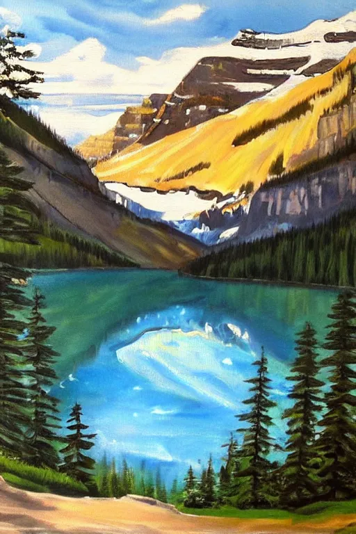 Image similar to bob ross painting of lake louise