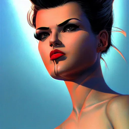 Prompt: detailed face of a woman, cool skydome, fresh atmosphere, ambient, rick guidice, syd mead, artgerm, hajime sorayama