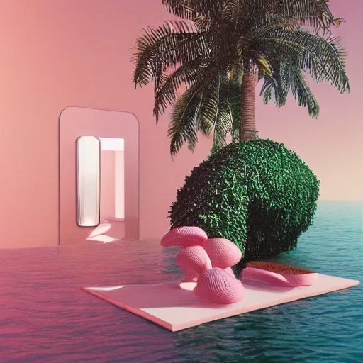 Image similar to hyperrealistic geometric objects in a surreal minimalistic 8 0's dreamscape environment by salvador dali, enormous emoji, highly detailed, 3 d render, octane, beautiful lighting, photorealistic, intricate, elegant, wayne barlowe, water, mirrors, pink doorway, beautiful, masterpiece, trending on artstation, palm tree