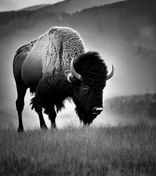 Image similar to Award winning Editorial photo of an american bison in yellowstone Park by Edward Sherriff Curtis and Lee Jeffries, 85mm ND 5, perfect lighting, gelatin silver process, National Geographic