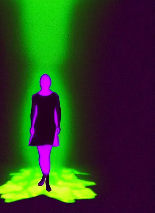 Prompt: a symmetrical female silhouette walking, astral projection, green purple glowing aura, out of body experience, film grain, cinematic lighting, experimental film