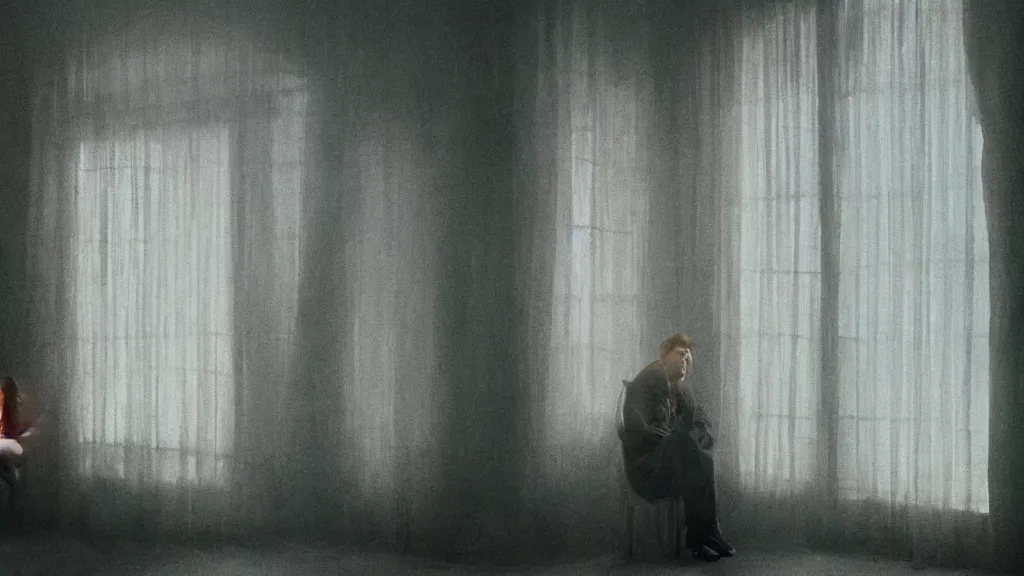 Image similar to people sit in the living room, a giant head watches them through a window, film still from the movie directed by Denis Villeneuve with art direction by Zdzisław Beksiński, wide lens