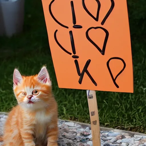 Image similar to cute fluffy orange tabby kitten with a sign that says