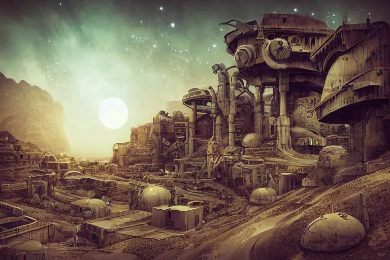 Image similar to sci - fi favela sculpture, art nouveau desert environment, industrial factory, cliffs, gloomy, milky way, award winning art, epic dreamlike fantasy landscape, ultra realistic,