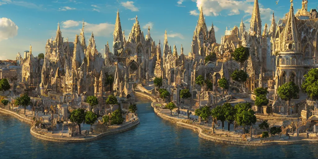 Image similar to rich fantasy city ornate, gold and marble, french elements, sand floating on a rock, shining sun, river, guilds, magic, sunlight rays, with trees and plants around Bordeaux and Britanny, trending on Artstation, 8K