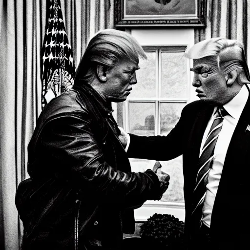 Prompt: The Terminator meets Donald Trump, oval office, photography, 50's,