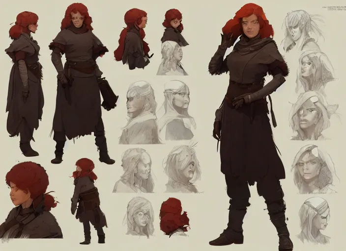 Image similar to character sheet for a ginger woman, for arcane netflix by greg rutkowski, by studio ghibli, digital art, trending on artstation, hd, 8 k, highly detailed, good lighting, beautiful, masterpiece