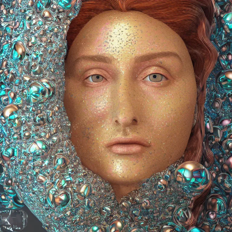 Prompt: octane render portrait by wayne barlow and carlo crivelli and glenn fabry and salvador dali and wes anderson, a beautiful woman hatching out of a perfect colorful patterned iridescent silver egg, cinema 4 d, ray traced lighting, very short depth of field, bokeh