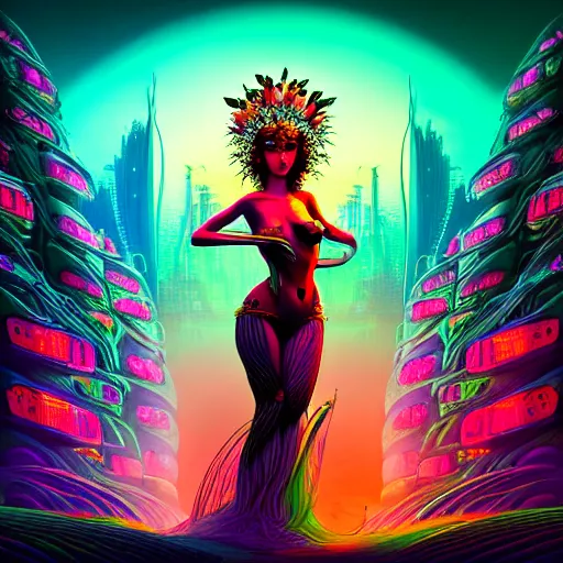 Image similar to Beautiful 3d render of the flower queen in a sensual pose, in the style of Dan Mumford and Johfra Bosschart, with a crowded futuristic cyberpunk city in the background, astrophotgraphy