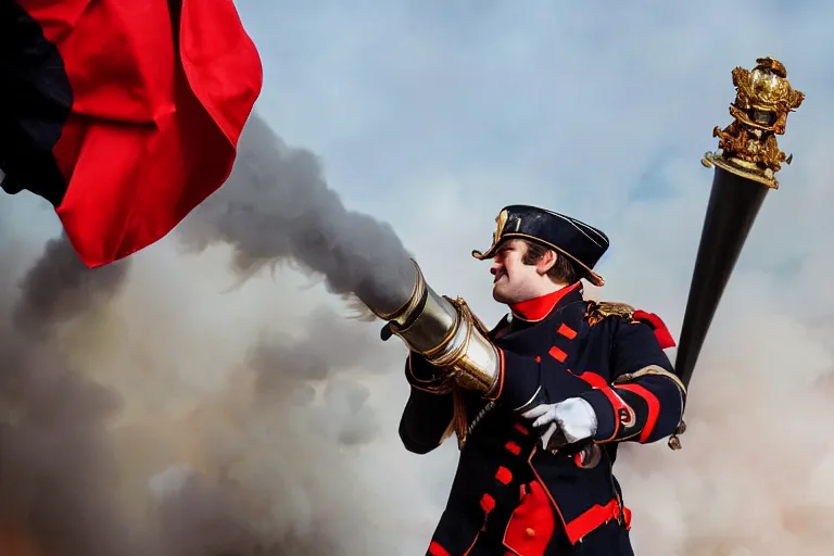 Image similar to closeup portrait of emmanuel macron dressed as napoleon firing a cannon in a street, natural light, sharp, detailed face, magazine, press, photo, steve mccurry, david lazar, canon, nikon, focus