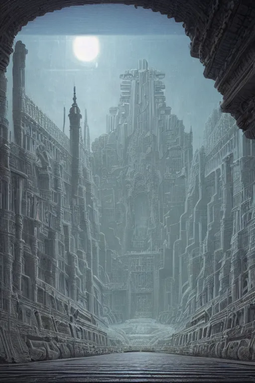 Image similar to sci - fi concrete alien eldritch demonic baroque rococo gothic architecture in hell, babylonian, ziggurat, zaha hadid, beksinski, wayne barlowe, oil painting, photoreal, highly detailed, 8 k, hd, vray, artstation, cinematic matte painting, extreme detail photo quality, sunset, featured on behance