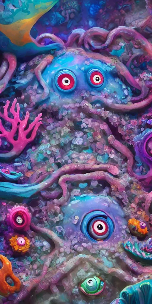 Image similar to of a colorful deep sea cave with strange cute friendly happy creatures with huge eyes, mouth, long tongue and round teeth appearing from sandy coral, in the style of gehry and gaudi, macro lens, shallow depth of field, ultra detailed, digital painting, trending artstation, concept art, illustration, cinematic lighting, photorealism, epic, octane render