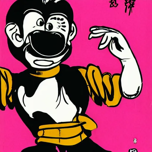 Prompt: monk fight monkey with pink gloves, retro 5 0 s style, art by akihito tsukushi