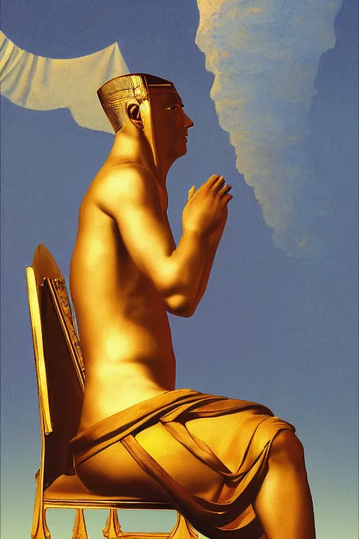 Image similar to a haughty pharaoh on a golden throne, digital painting by maxfield parrish and caravaggio, photorealistic