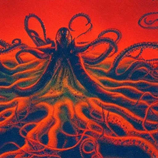 Prompt: the anti - christ rising from a red ocean with slimy tentacles. color detailed photograph from a 1 9 9 0 s horror movie.