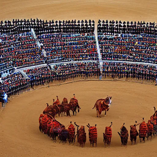 Prompt: by neil welliver, by martin deschambault navajo bleak. a photograph of a bullfight in spain. the photograph is set in an arena with spectators in the stands. several figures in the photograph, including a matador & a bull.