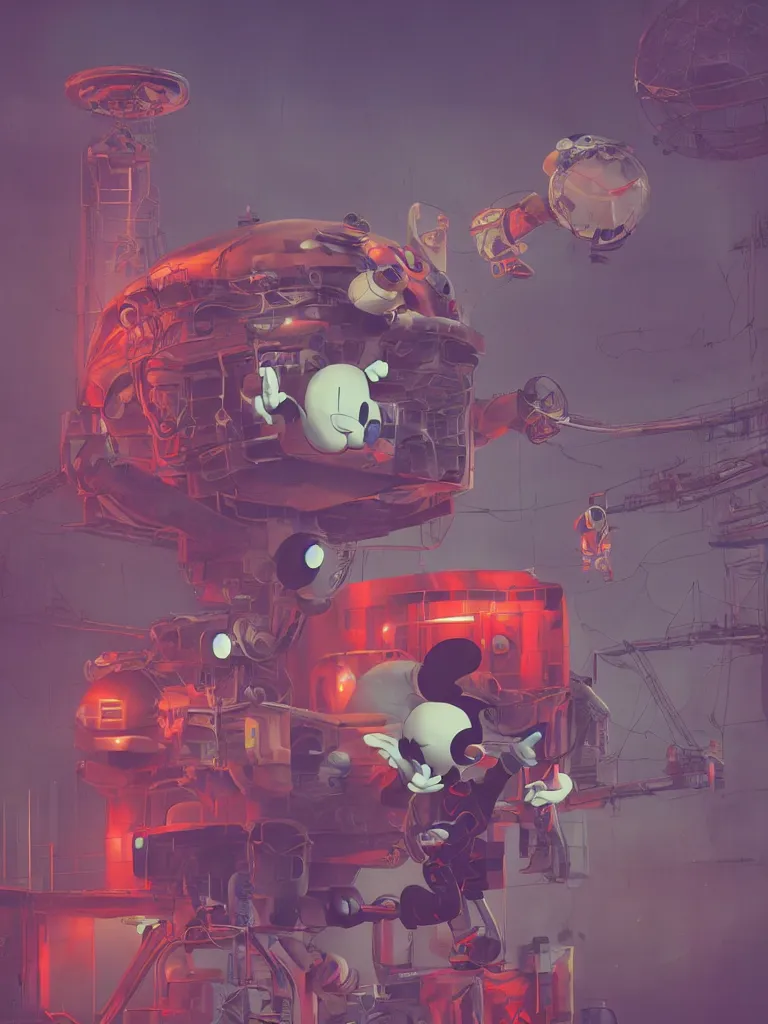 Prompt: graphic art of dystopian futuristic 1 0 mechanic surgeons in space suits, operate on a huge mickey mouse! severed - head!! held by a crane. ominous glowing red netflix!!! sign in the background, trending on art station, beeple