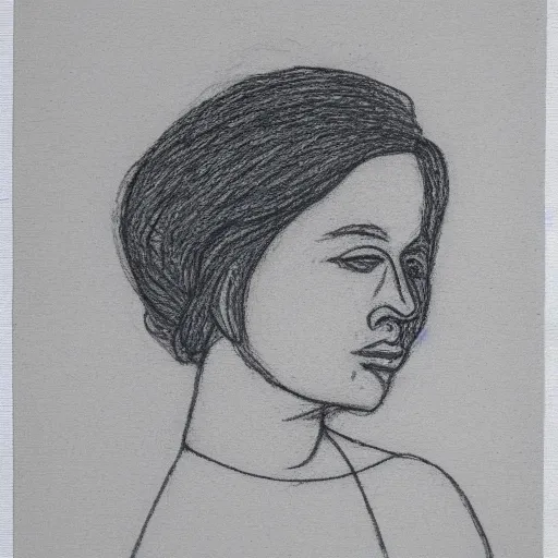 Prompt: portrait of a caring woman as line drawing in pressed black crayon on French light blue paper,slight wove texture