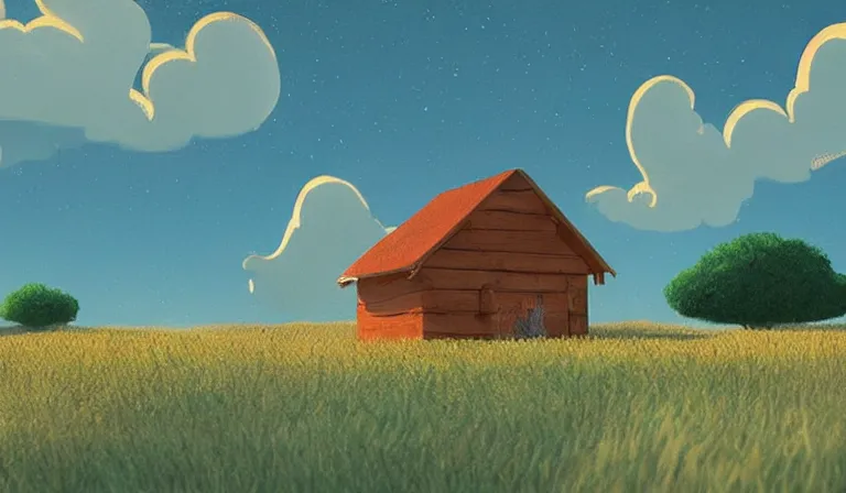 Prompt: A serene landscape with a singular building in the style of Pixar