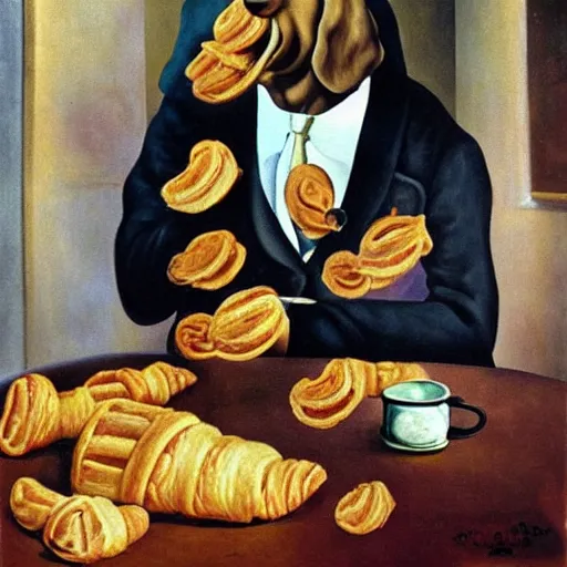 Image similar to dog eating croissants in paris, painted by dali