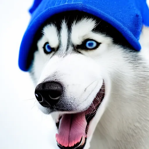 Prompt: a studio photo of a husky wearing a blue cap,photorealistic,professional photography,focus,depth of field,hyperdetailed,studio lighting,3 point lighting,detailed face,cute