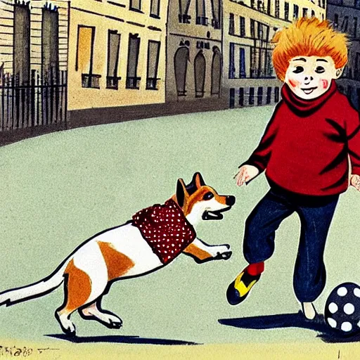 Image similar to book illustration of a french boy on the streets of paris playing football against a corgi, the dog is wearing a polka dot scarf, 1 9 6 6