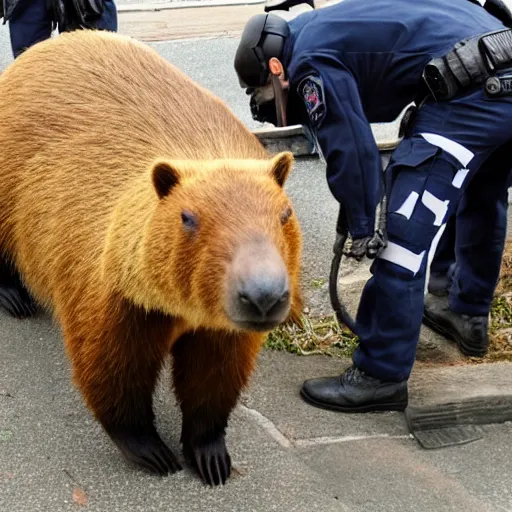 Image similar to capybara police arresting a bear