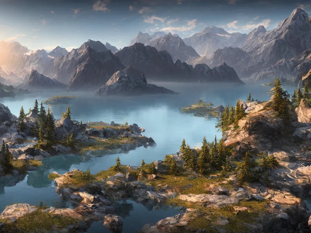 Image similar to a epic view of a mountainous lake, concept art, trending on, very detailed, unreal engine, 4 k, photoreal, volumetric lighting, light rays, epic composition, warm colors