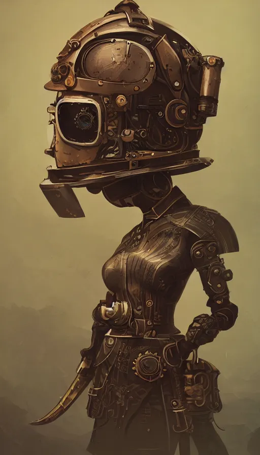 Image similar to steampunk helmet, female warrior, sharp focus, james gilleard, print, game art