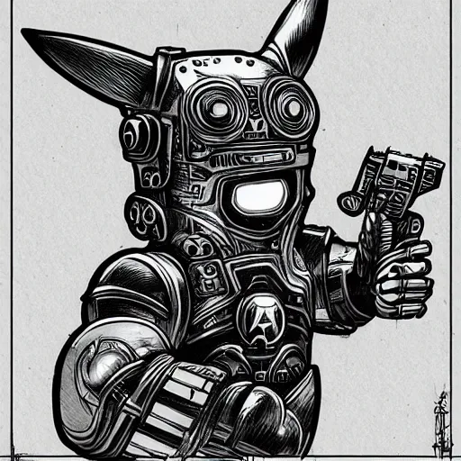 Image similar to a drawing of cyberpunk warhammer pikachu by Joe Fenton